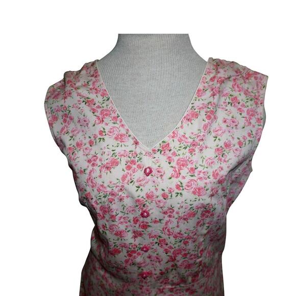 Vintage Pink Rose Floral Sleeveless Midi Dress – V-Neck, Button Front – Medium - Picture 2 of 9
